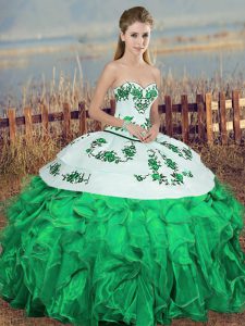 Green Ball Gowns Organza Sweetheart Sleeveless Embroidery and Ruffles and Bowknot Floor Length Lace Up Ball Gown Prom Dr