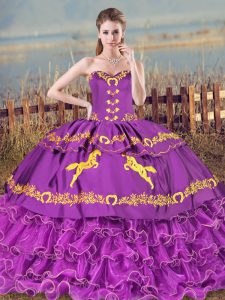 Latest Purple Lace Up Sweetheart Embroidery and Ruffled Layers Quince Ball Gowns Organza Sleeveless