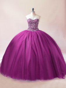 Stunning Floor Length Lace Up 15 Quinceanera Dress Purple for Sweet 16 and Quinceanera with Beading
