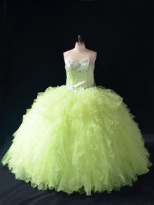Inexpensive Yellow Green Ball Gowns Beading and Ruffles Quinceanera Dress Lace Up Tulle Sleeveless Floor Length
