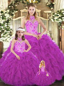 Nice Fuchsia Tulle Lace Up Halter Top Sleeveless Floor Length Quinceanera Dresses Embroidery and Ruffles