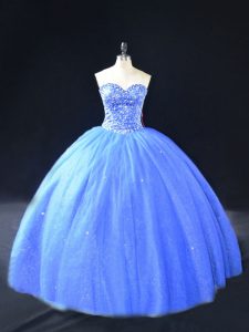 Beading 15 Quinceanera Dress Blue Lace Up Sleeveless Floor Length