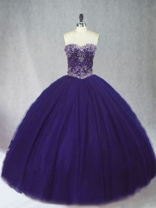 Floor Length Purple 15th Birthday Dress Tulle Sleeveless Beading