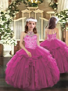 Best Fuchsia Sleeveless Tulle Lace Up Kids Formal Wear for Military Ball and Wedding Party