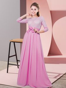 Rose Pink 3 4 Length Sleeve Lace and Belt Floor Length Quinceanera Dama Dress
