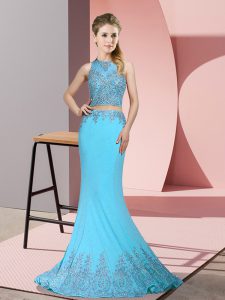 Zipper Homecoming Dress Aqua Blue for Prom and Party with Beading and Appliques Sweep Train