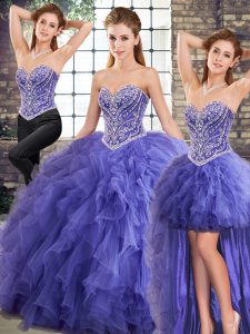 Stylish Floor Length Lavender 15th Birthday Dress Tulle Sleeveless Beading and Ruffles