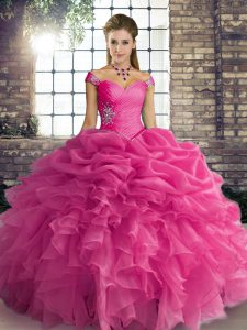 Classical Floor Length Rose Pink Quinceanera Dresses Off The Shoulder Sleeveless Lace Up