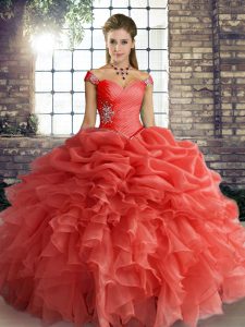 Deluxe Orange Red Quinceanera Gown Military Ball and Sweet 16 and Quinceanera with Beading and Ruffles and Pick Ups Off 
