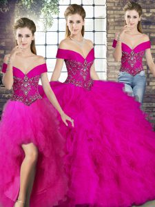 Fuchsia Three Pieces Off The Shoulder Sleeveless Tulle Floor Length Lace Up Beading and Ruffles Sweet 16 Dresses