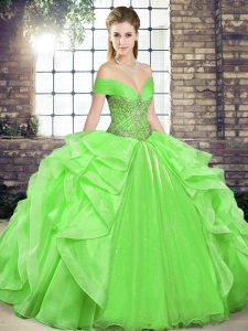 Elegant Organza Lace Up Off The Shoulder Sleeveless Floor Length 15th Birthday Dress Beading and Ruffles