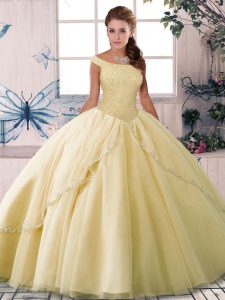 Extravagant Yellow Ball Gowns Tulle Off The Shoulder Sleeveless Beading Lace Up Quinceanera Gowns Brush Train