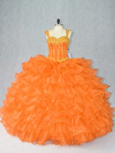Orange Sleeveless Floor Length Beading and Ruffles Lace Up Quince Ball Gowns
