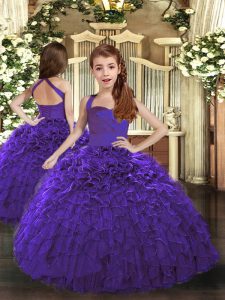 Straps Sleeveless Custom Made Pageant Dress Floor Length Ruffles Purple Organza