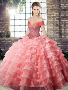 Beauteous Organza Off The Shoulder Sleeveless Brush Train Lace Up Beading and Ruffled Layers Quinceanera Dress in Waterm