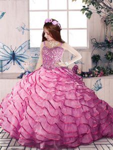 New Style Pink Straps Lace Up Beading and Ruffled Layers Pageant Gowns For Girls Court Train Sleeveless