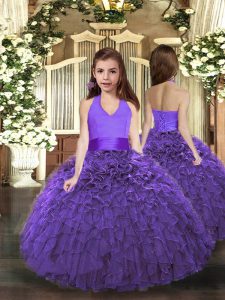 Affordable Purple Halter Top Neckline Ruffles Pageant Gowns Sleeveless Lace Up