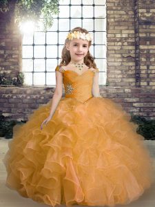 Floor Length Ball Gowns Sleeveless Orange Kids Formal Wear Lace Up