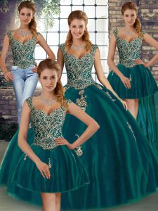 Straps Sleeveless Lace Up Quinceanera Gown Peacock Green Tulle