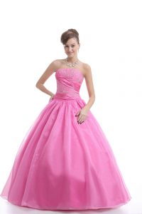 Rose Pink Strapless Neckline Embroidery Quinceanera Dress Sleeveless Lace Up