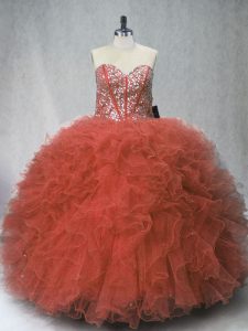 Rust Red Sleeveless Floor Length Beading and Ruffles Lace Up Quinceanera Dresses
