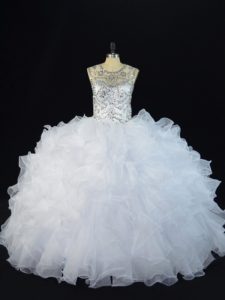 Free and Easy White Quinceanera Dresses Sweet 16 and Quinceanera with Beading and Ruffles Scoop Sleeveless Lace Up