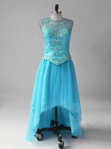 Fine High Low Aqua Blue Dress for Prom Tulle Sleeveless Beading