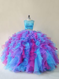 Simple Sleeveless Organza Floor Length Lace Up Sweet 16 Dresses in Multi-color with Beading and Ruffles