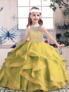 Beading and Ruffles Pageant Dress Wholesale Olive Green Lace Up Sleeveless Floor Length