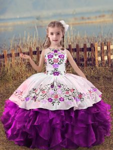On Sale Embroidery and Ruffles Little Girls Pageant Gowns Purple Lace Up Sleeveless Floor Length