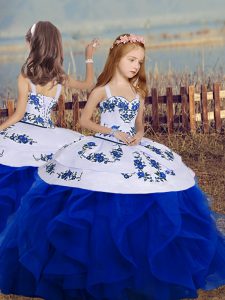 Ball Gowns Little Girls Pageant Dress Wholesale Royal Blue Straps Organza Sleeveless Floor Length Backless