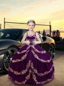 Purple Ball Gowns Satin Straps Sleeveless Embroidery Floor Length Lace Up Evening Gowns