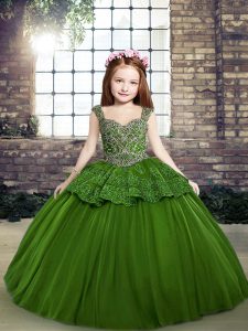 Custom Designed Green Ball Gowns Beading Pageant Dresses Lace Up Tulle Sleeveless Floor Length