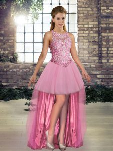Pink Lace Up Scoop Beading Evening Dress Tulle Sleeveless