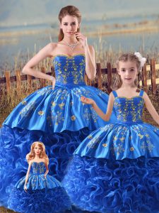 Superior Royal Blue Satin and Fabric With Rolling Flowers Zipper Sweet 16 Dresses Sleeveless Brush Train Embroidery and 