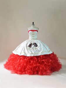 White And Red Strapless Lace Up Embroidery and Ruffles Quinceanera Gowns Brush Train Sleeveless