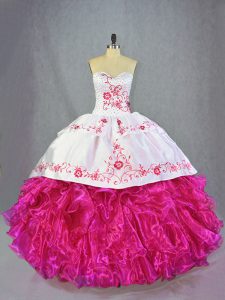 Customized Hot Pink Sweetheart Neckline Beading and Embroidery and Ruffles Vestidos de Quinceanera Sleeveless Lace Up