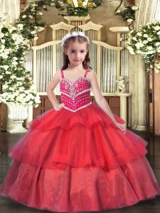 Most Popular Sleeveless Lace Up Floor Length Beading and Ruffled Layers Little Girl Pageant Dress