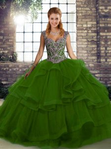 Clearance Floor Length Green Quinceanera Gowns Tulle Sleeveless Beading and Ruffles