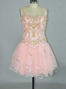 Custom Fit Mini Length Pink Prom Dress Tulle Sleeveless Beading and Ruffles