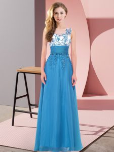 Blue Empire Scoop Sleeveless Chiffon Floor Length Backless Appliques Bridesmaid Dress