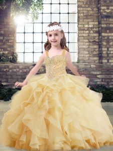 Straps Sleeveless Lace Up Little Girls Pageant Gowns Gold Tulle