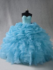 Baby Blue Ball Gowns Sweetheart Sleeveless Organza Floor Length Lace Up Beading and Ruffles and Pick Ups Vestidos de Qui