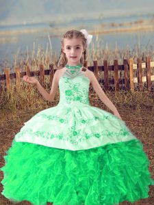Beading and Embroidery and Ruffles Pageant Gowns For Girls Green Lace Up Sleeveless Floor Length