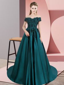 Teal Sleeveless Satin Court Train Zipper 15 Quinceanera Dress for Sweet 16 and Quinceanera