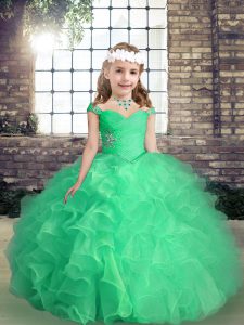 Apple Green Organza Lace Up Girls Pageant Dresses Sleeveless Floor Length Beading and Ruffles and Ruching
