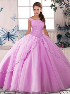 Sexy Lilac Ball Gowns Tulle Off The Shoulder Sleeveless Beading Lace Up 15 Quinceanera Dress Brush Train