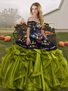 Edgy Olive Green Off The Shoulder Neckline Embroidery and Ruffles 15 Quinceanera Dress Sleeveless Lace Up