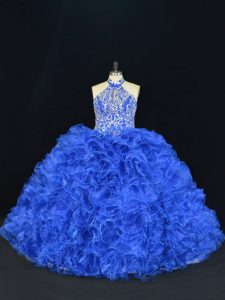 Deluxe Sleeveless Floor Length Beading and Ruffles Lace Up 15th Birthday Dress with Royal Blue