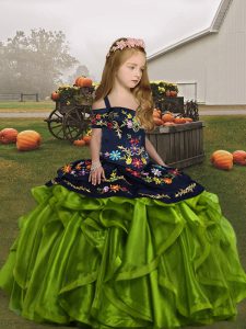 Hot Selling Sleeveless Floor Length Embroidery and Ruffles Lace Up Pageant Gowns For Girls with Olive Green
